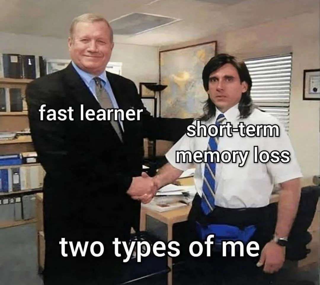 The office handshake meme two types of me fast learner vs memory loss