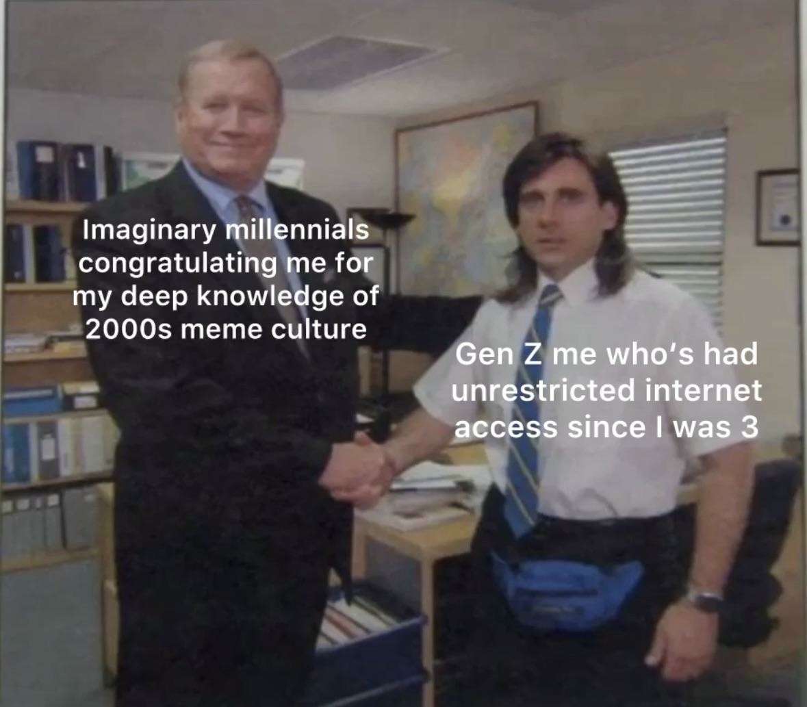 The office handshake meme millennials congratulating Gen Z meme knowledge