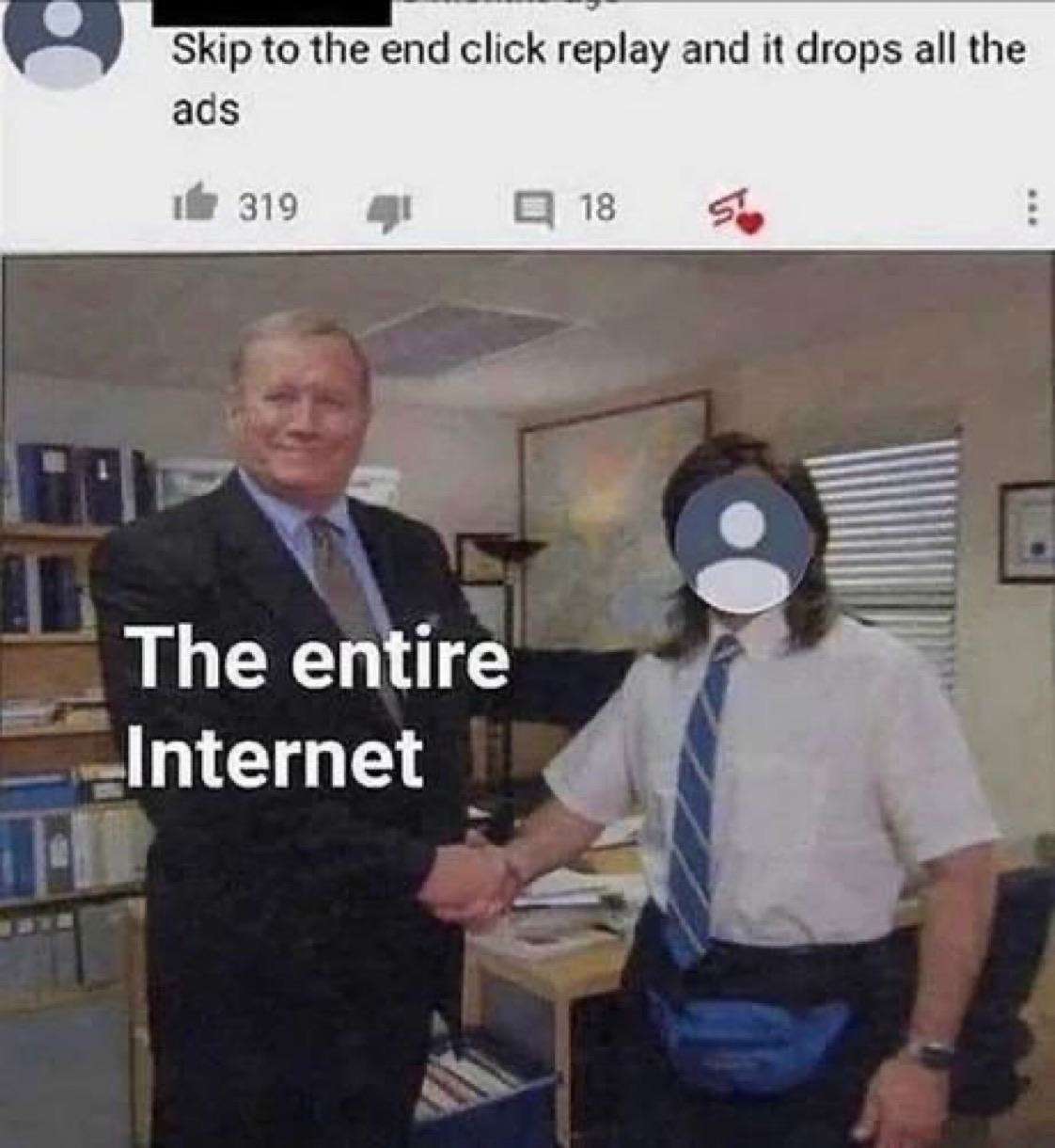 The office handshake meme about the YouTube ad skip trick