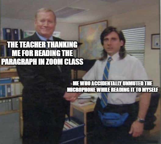 The office handshake meme about zoom class mic accident praise