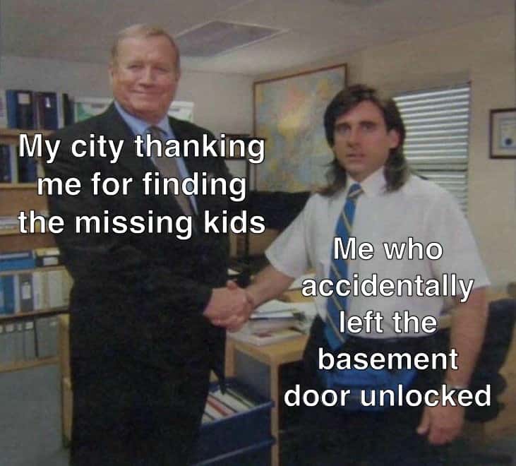 The office handshake meme about city thanking for finding missing kids