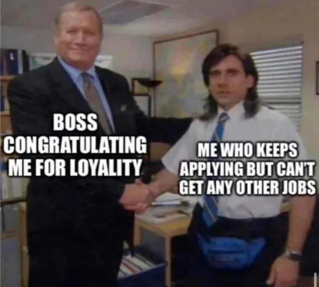 The office handshake meme about boss congratulating loyalty