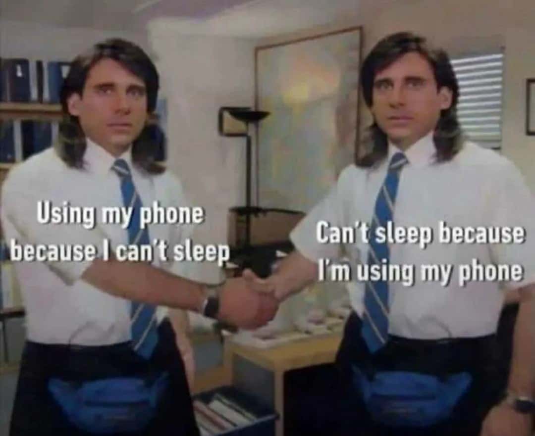 The office handshake meme about using phone and can't sleep