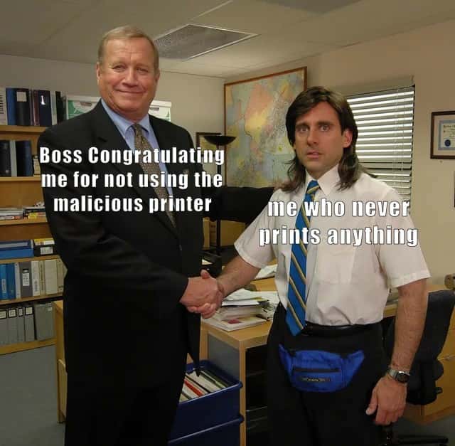 The office handshake meme about boss congratulating avoiding printer