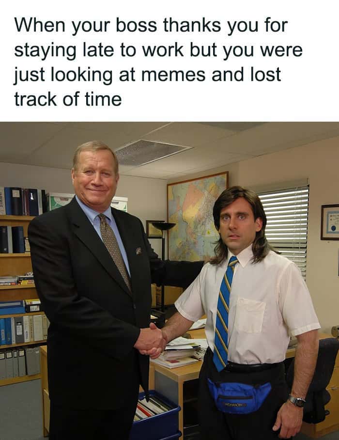 The office handshake meme about boss thanking late work