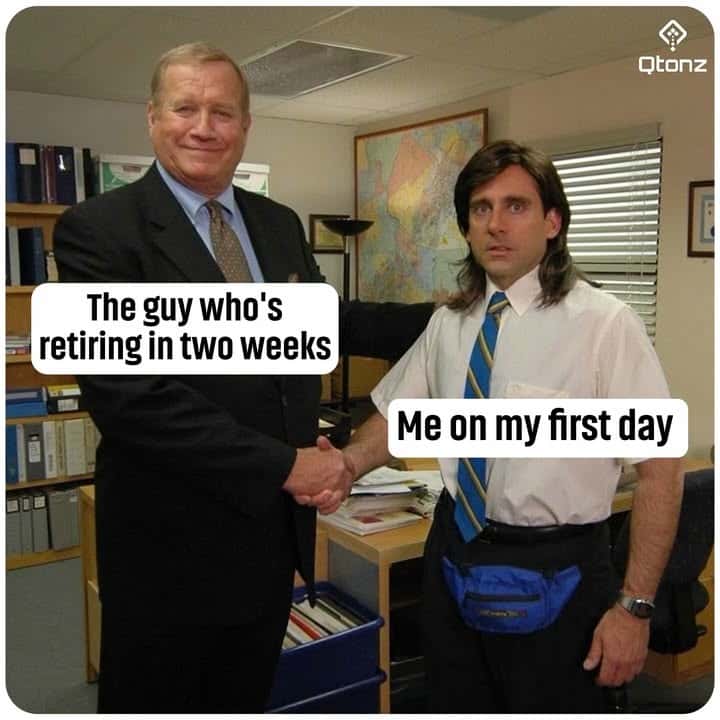 The office handshake meme about new employee vs retiring coworker