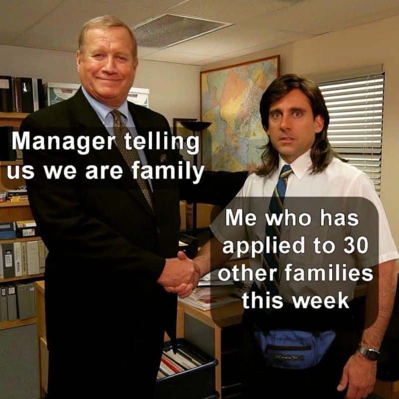 The office handshake meme about manager saying work is family