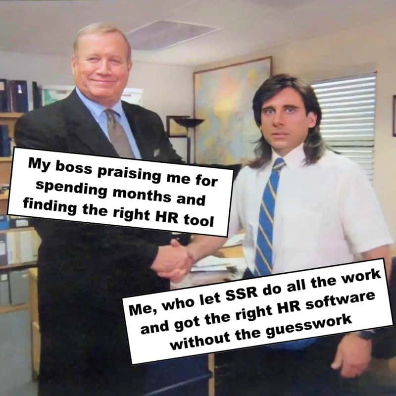 The office handshake meme about boss praising HR tool search