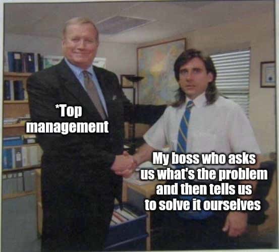 The office handshake meme about top management and passive boss