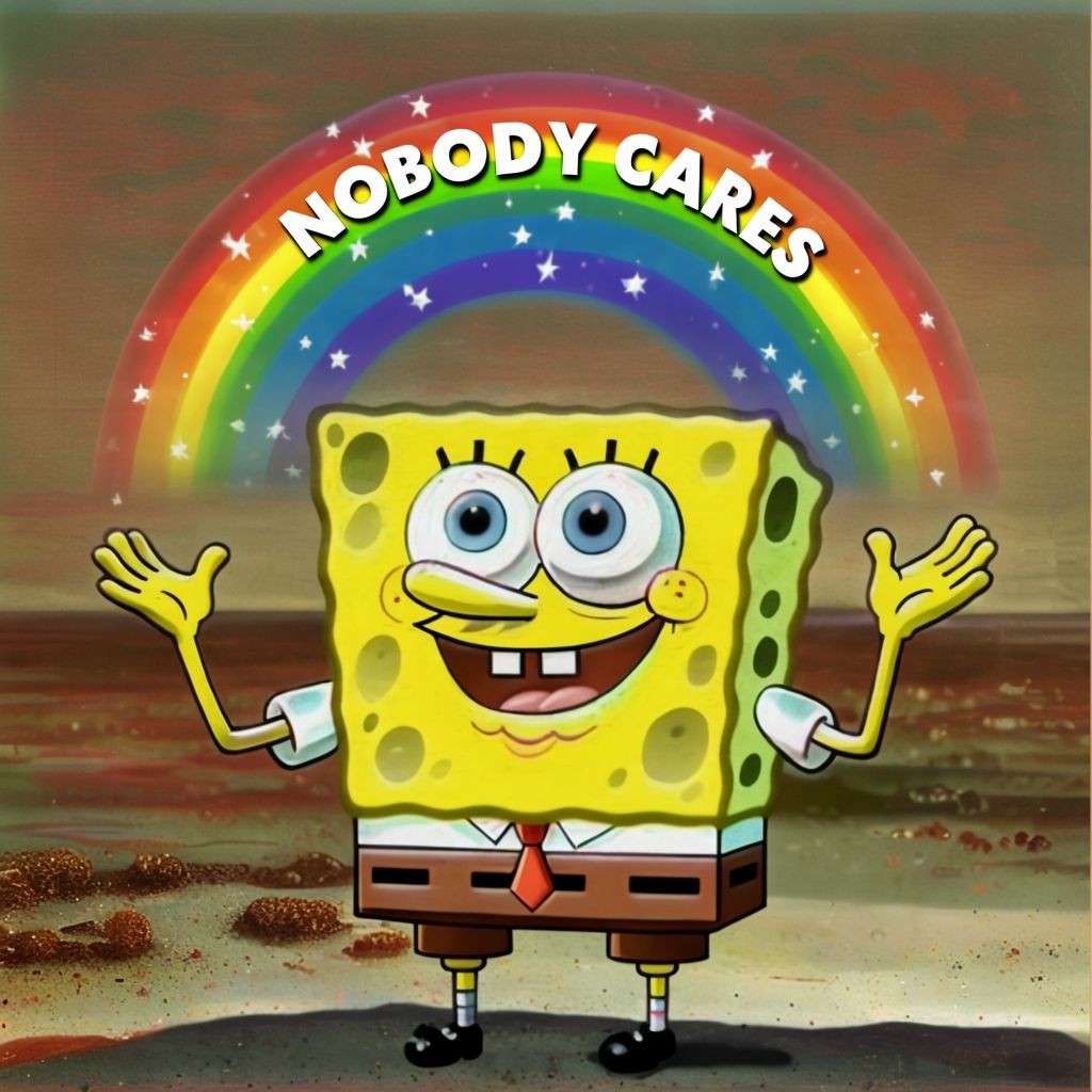 Spongebob rainbow meme shrugs saying nobody cares