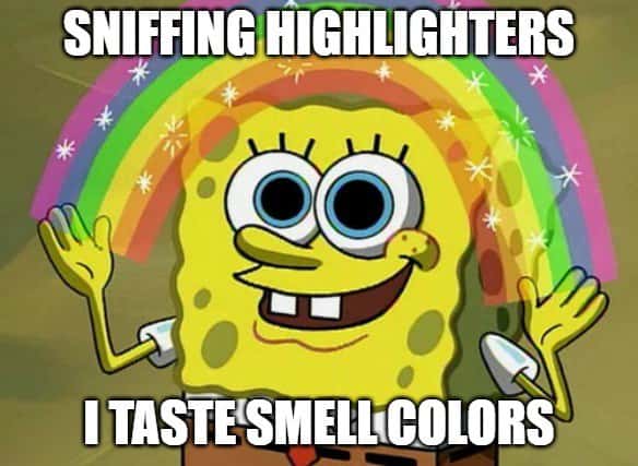 Spongebob rainbow meme sniffing highlighters taste smell colors