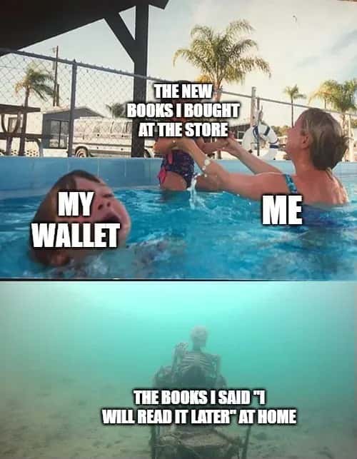 Drowning kid meme ignoring wallet to buy new books