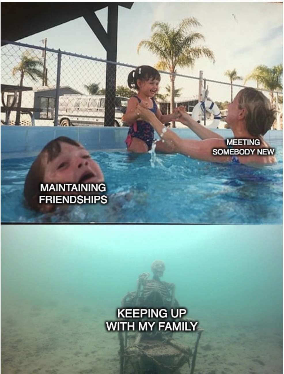 Drowning kid meme neglecting family while making new friends