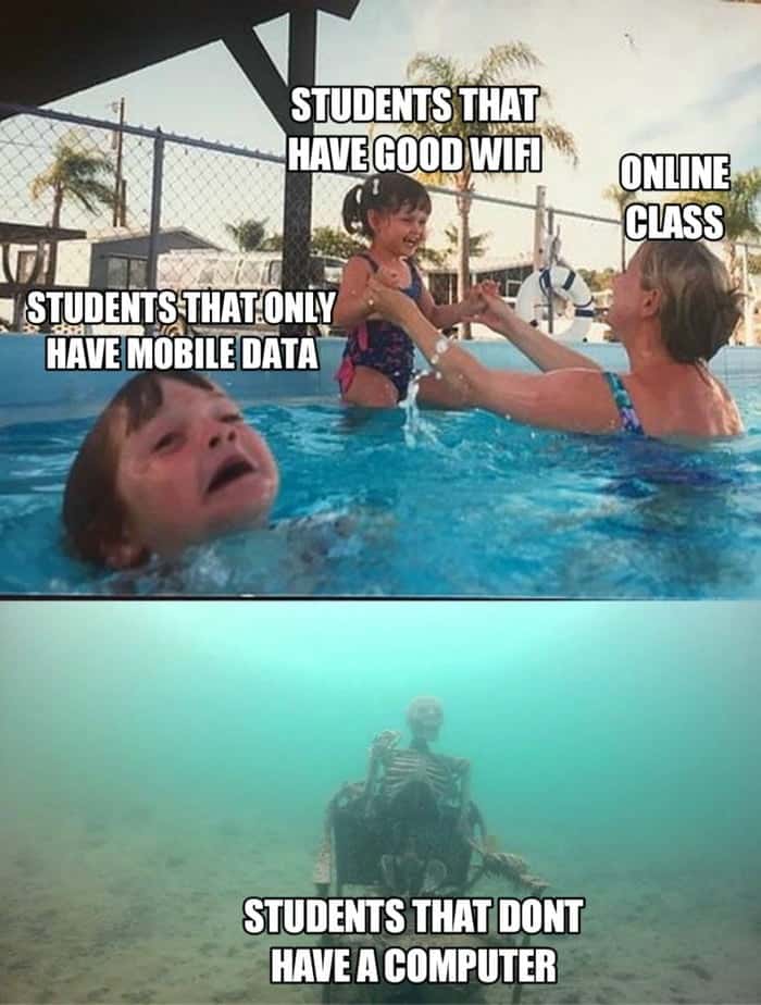 Drowning kid meme struggling with bad internet in online class