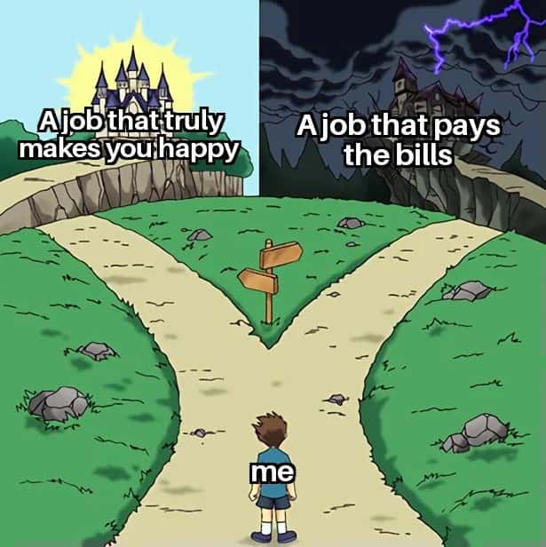 The Two Paths: A Job That Truly Makes You Happy vs A Job That Pays The Bills Meme