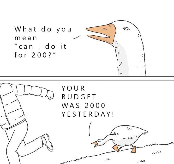 Goose Chasing Guy meme budget cut panic at work
