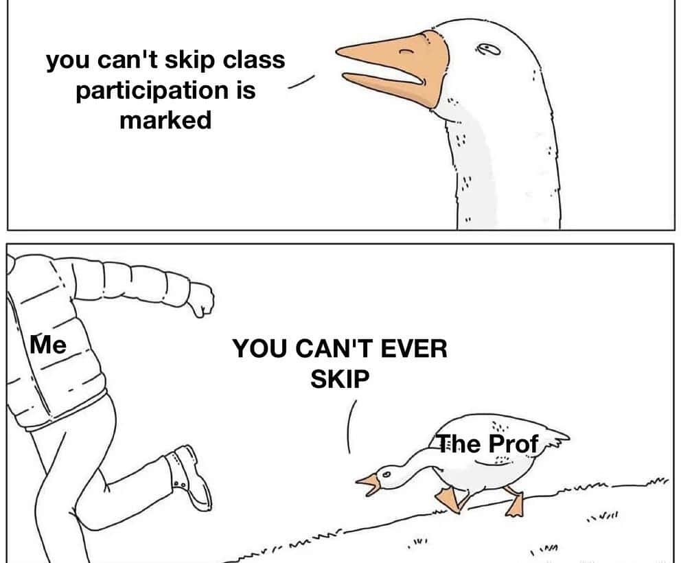 Goose Chasing Guy meme skipping class panic chase