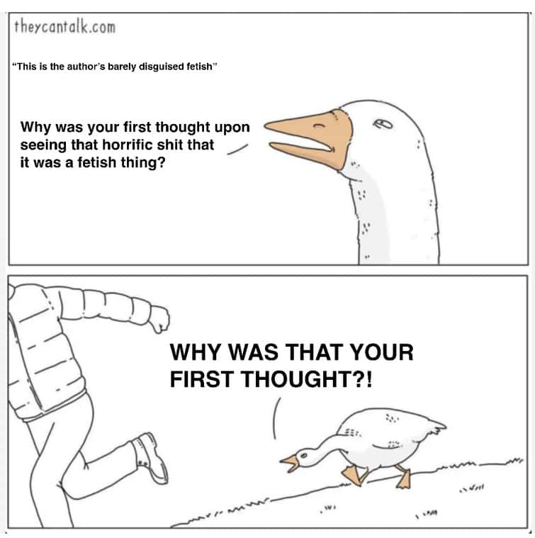 Goose chasing guy meme calling out fetish first thought