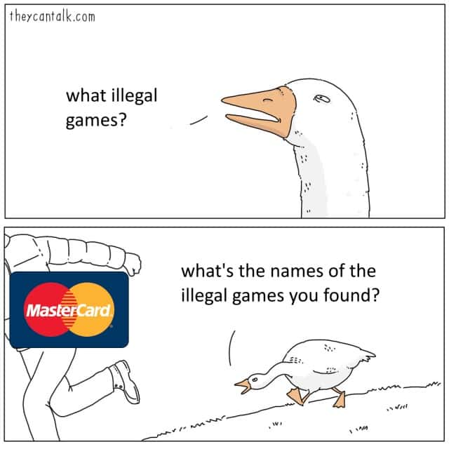 Goose chasing guy meme asks what illegal games he found