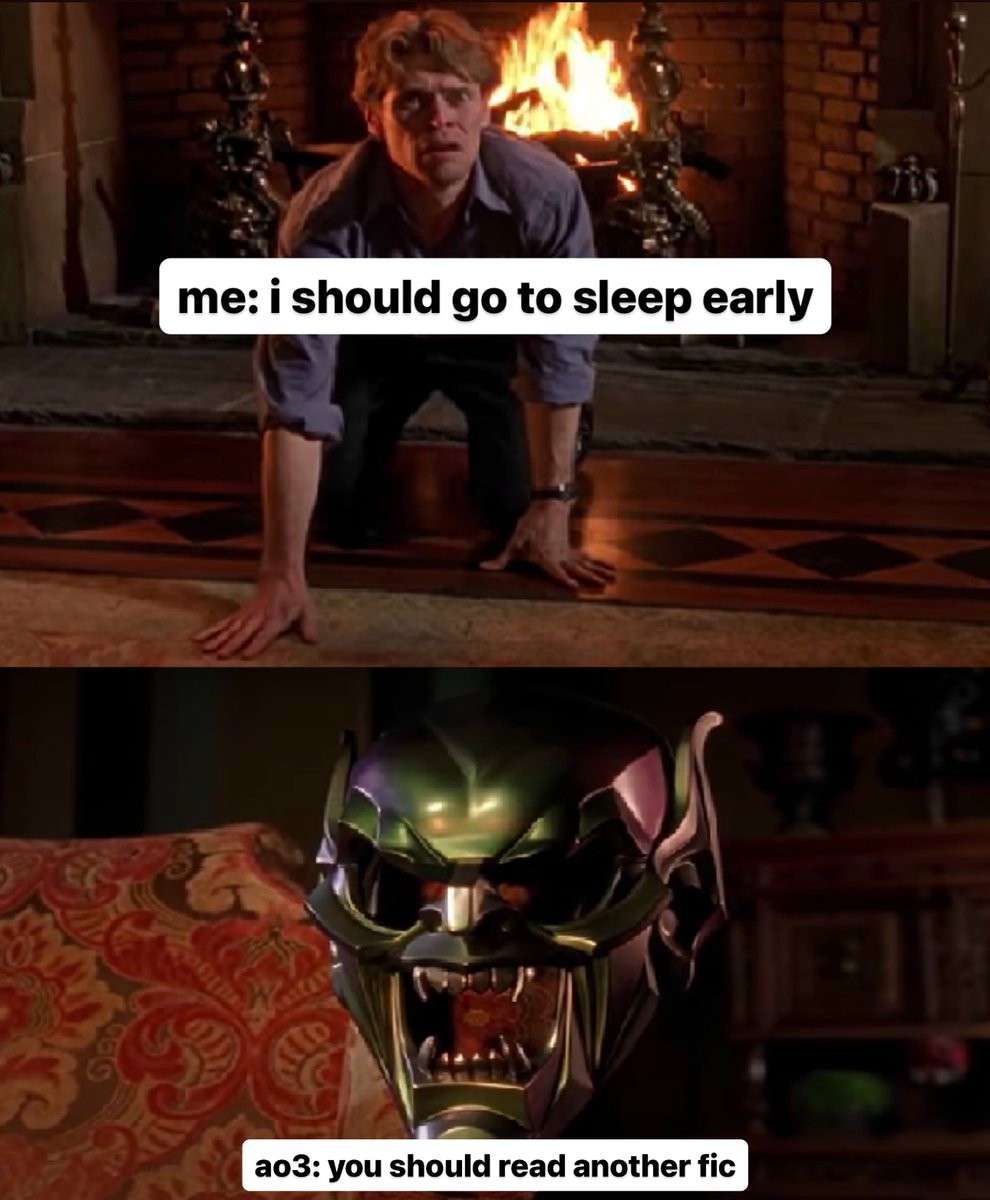 Green goblin mask meme skipping sleep to read ao3 fics Green goblin mask meme skipping sleep to read ao3 fics