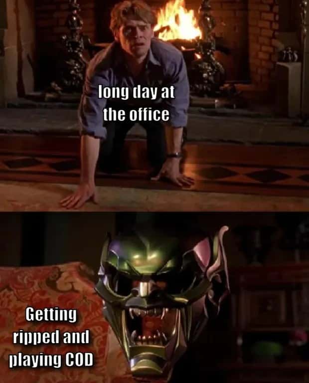 Green goblin mask meme plays cod after long work day Green goblin mask meme plays cod after long work day
