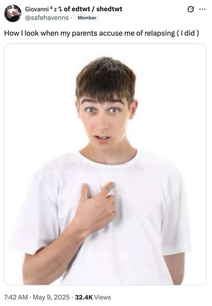 Guy pointing at himself meme pretending innocence when accused of relapsing