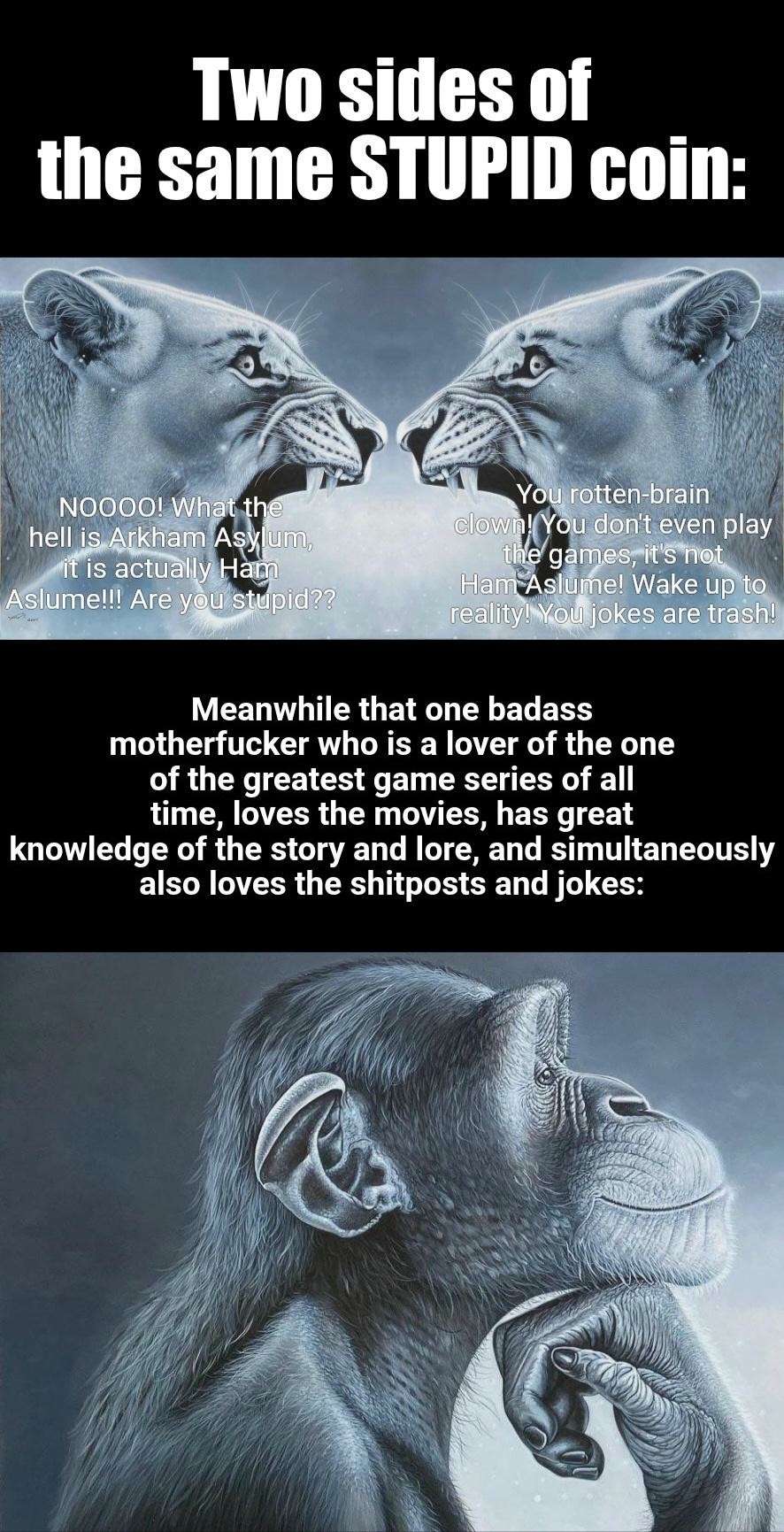 Lion yelling at monkey meme ignoring dumb lion arguments