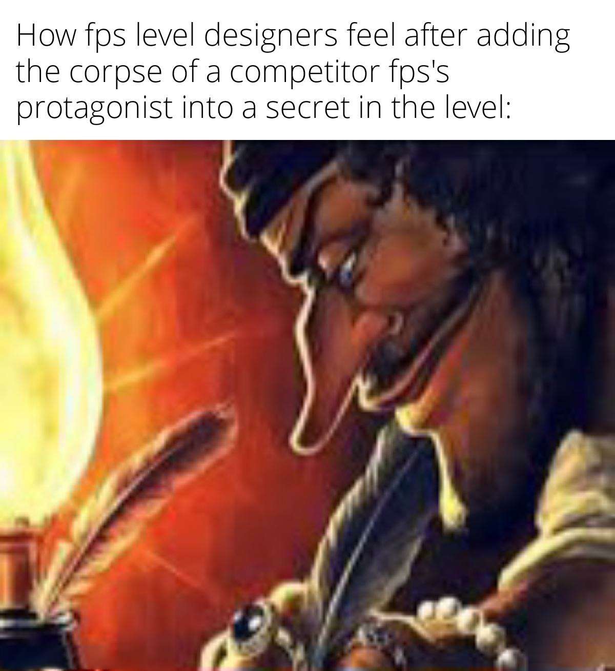 Blackbeard writing meme smugly hiding rival fps corpse
