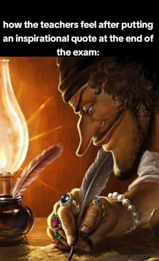 Blackbeard writing meme smug after adding quote to exam
