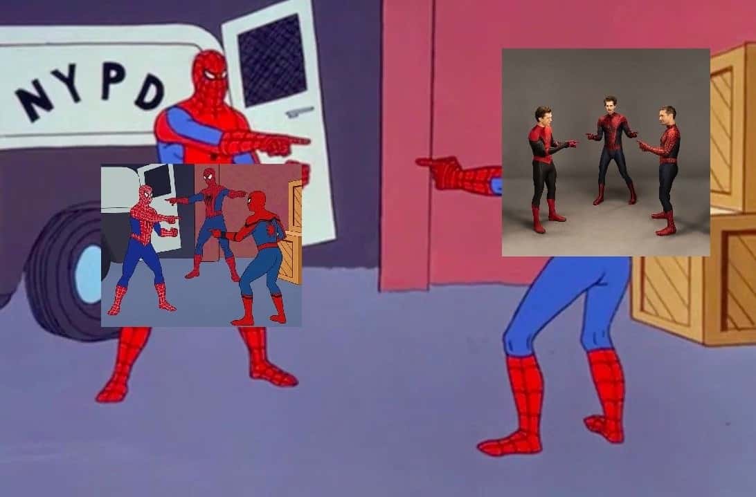 Spider-man pointing meme all spidermen point at each other