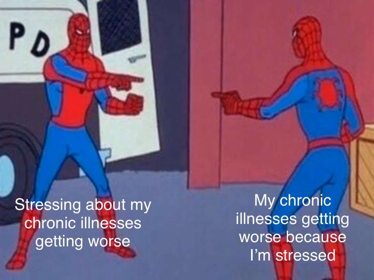 Spider-Man pointing meme pointing at each other over chronic illness stress loop
