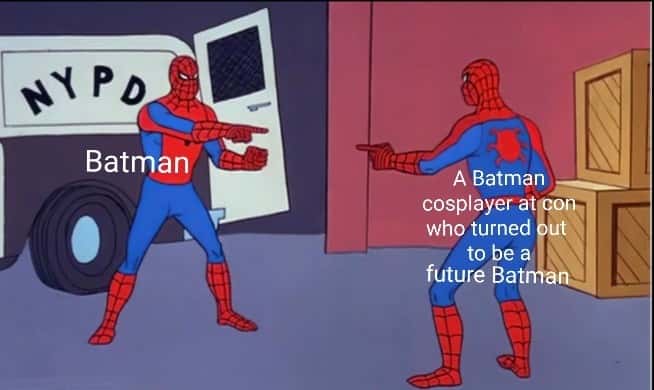 Spider-man pointing meme batman points at future batman cosplayer