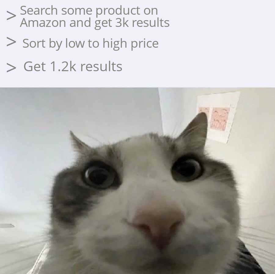 Cat looks inside meme sorting Amazon low to high pain