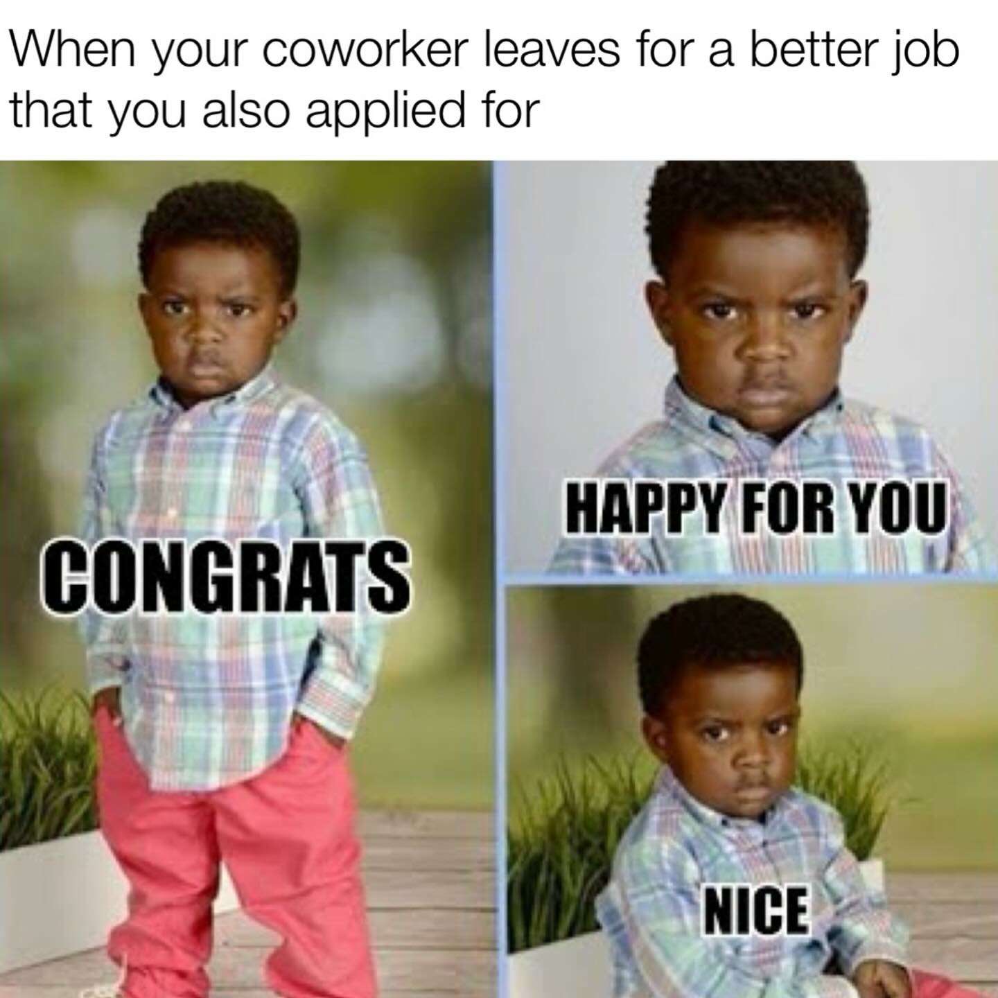 Congrats happy for you meme pretending to congratulate coworker who got the better job you also applied for