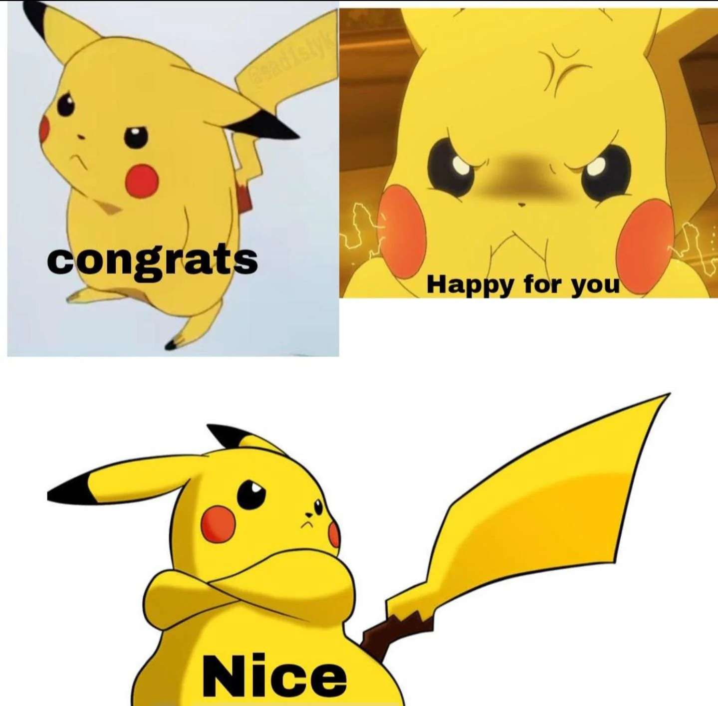 Congrats happy for you meme pikachu pretending to be happy while hiding seething inner anger