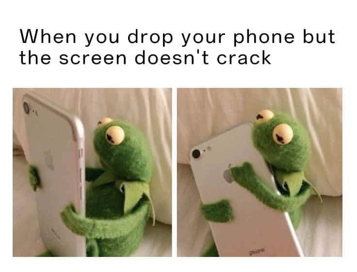 Kermit hugging phone meme happy after phone drop no screen crack