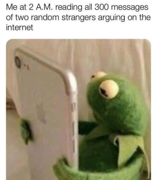 Kermit hugging phone meme reading strangers' internet arguments at 2 a.m.