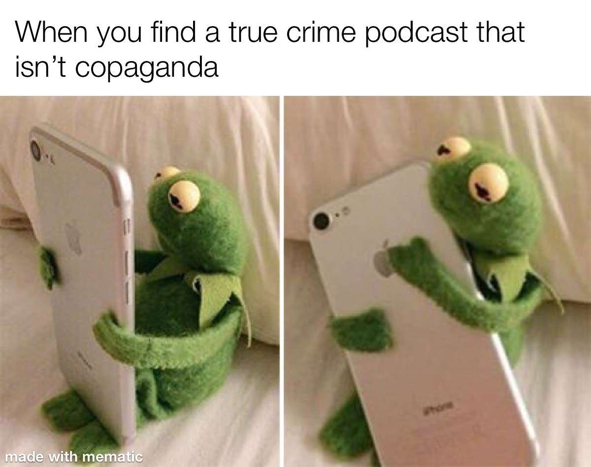 Kermit hugging phone meme finds non copaganda true crime podcast