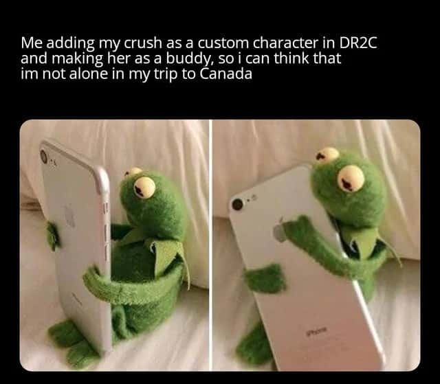 Kermit hugging phone meme adding crush as buddy for Canada trip