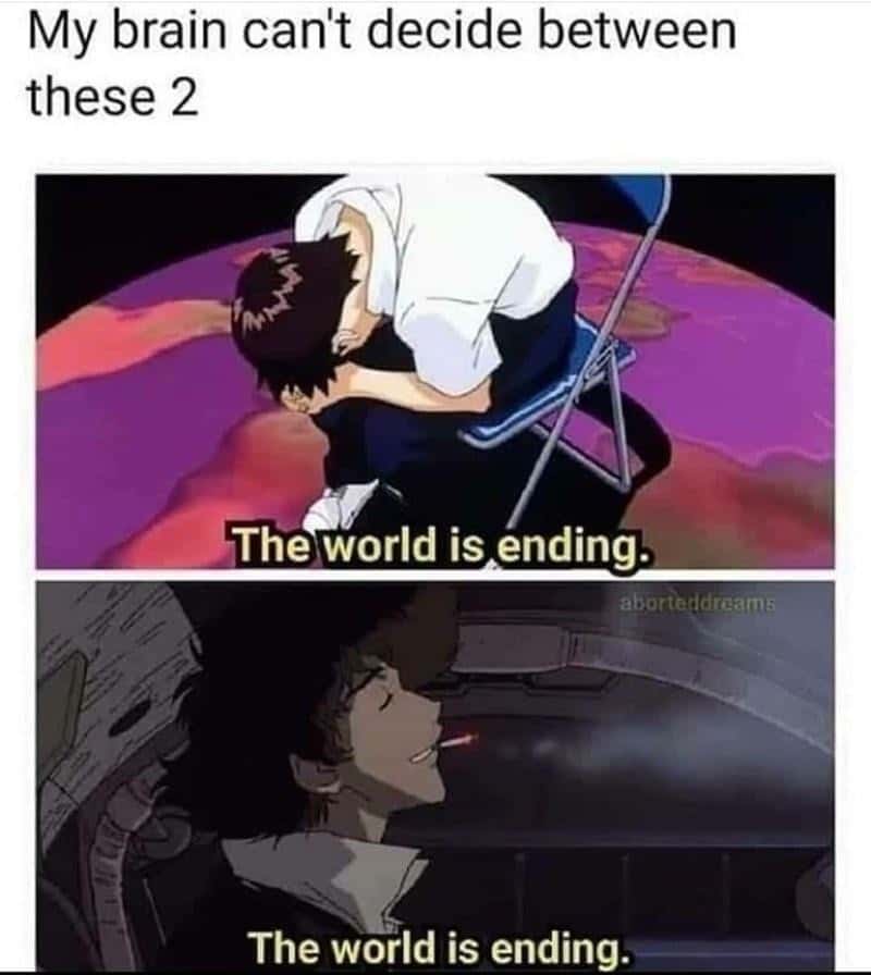 Shinji in a chair meme torn between two world ending moods