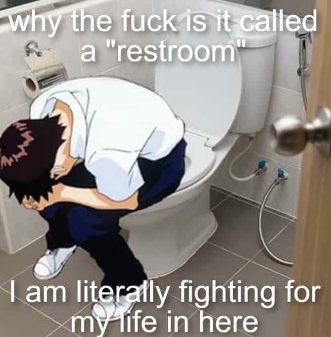 Shinji in a chair meme fighting for life in restroom