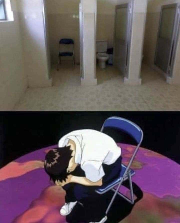 Shinji in a chair meme sad in bathroom