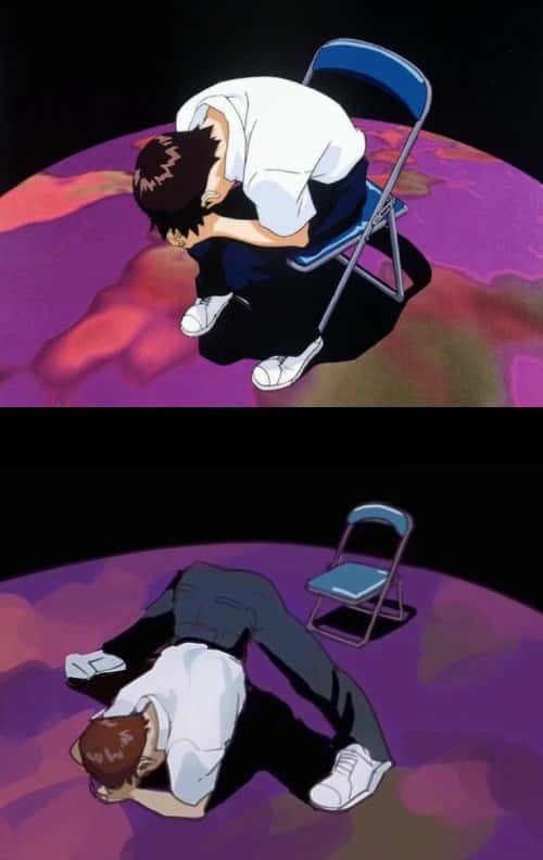 Shinji in a chair meme with shinji ikari in a jack-o challenge pose
