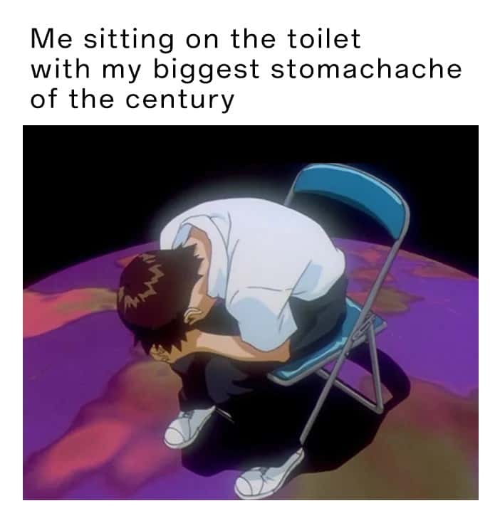 Shinji in a chair meme suffering stomachache on toilet