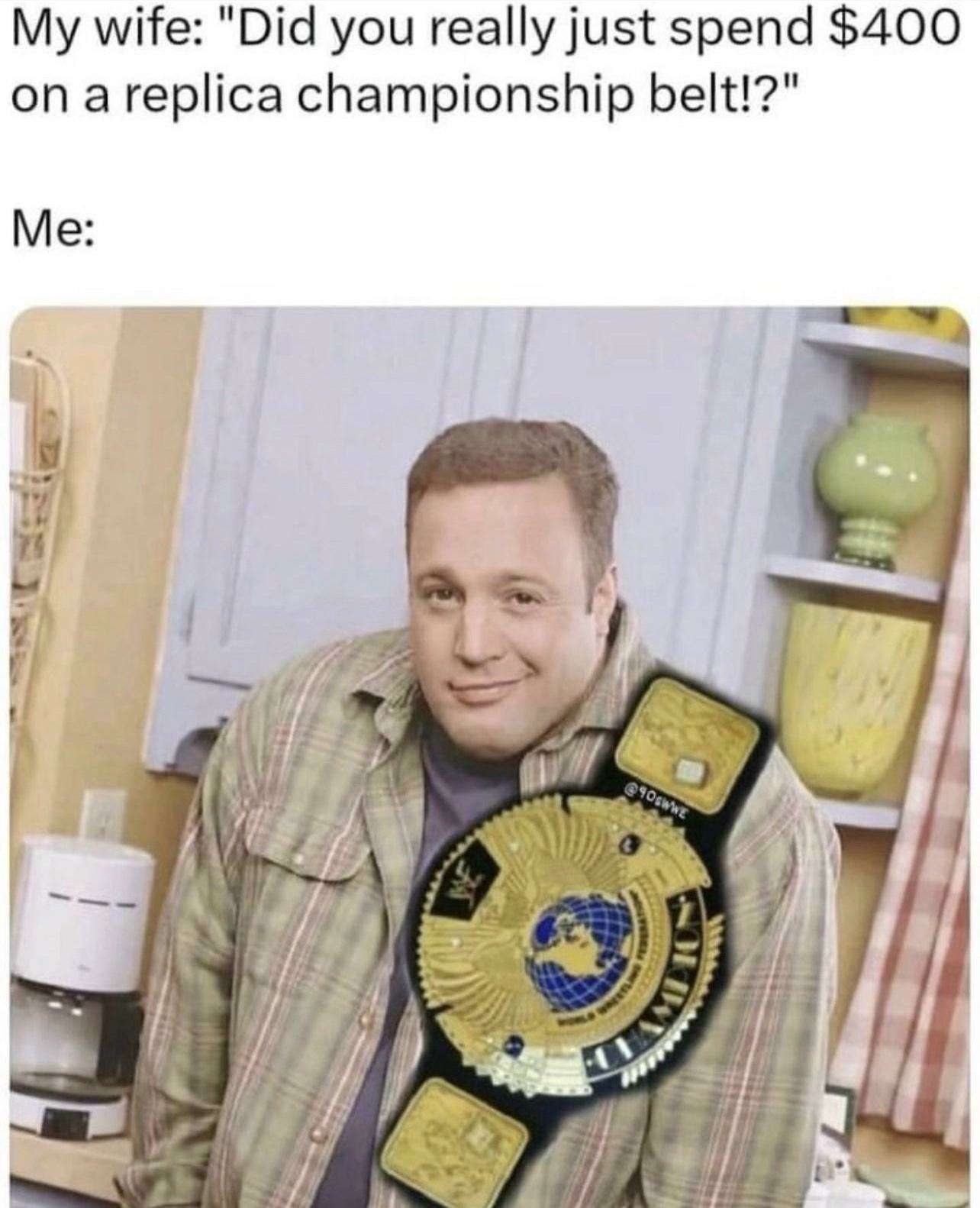 Kevin James smirking meme spent 0 on replica championship belt