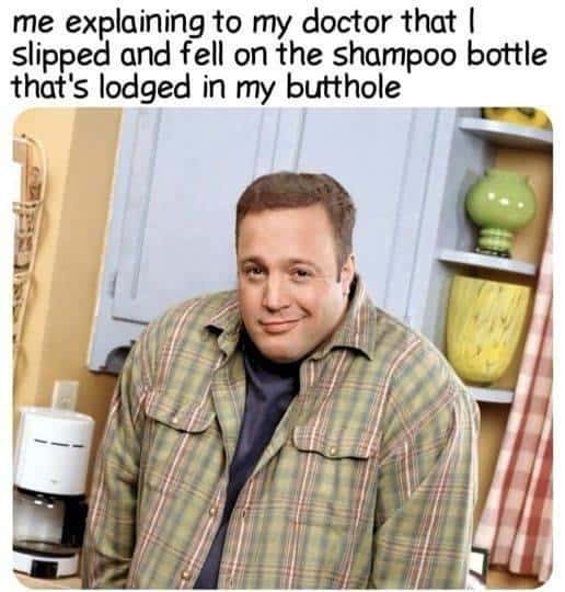 Kevin James smirking meme explaining silly injury excuse to doctor