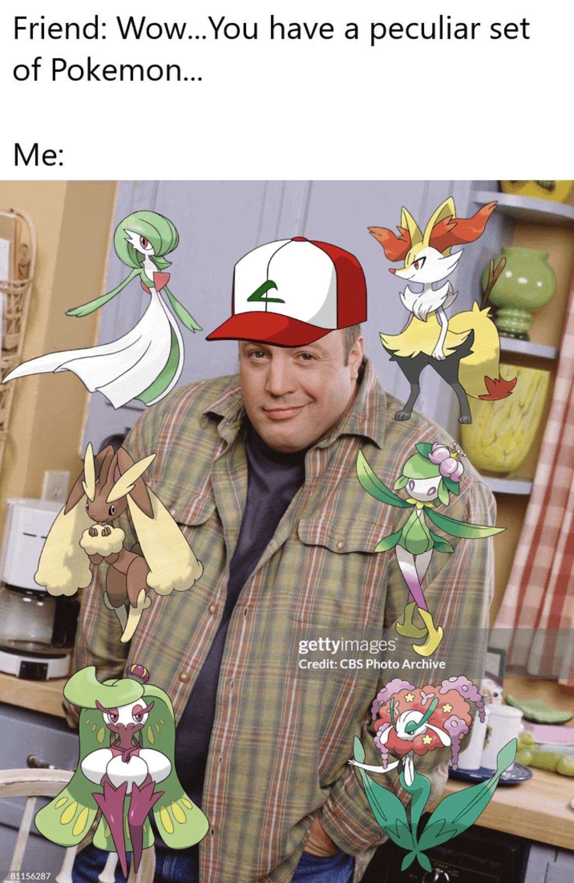 Kevin james smirking meme with all-female pokemon team