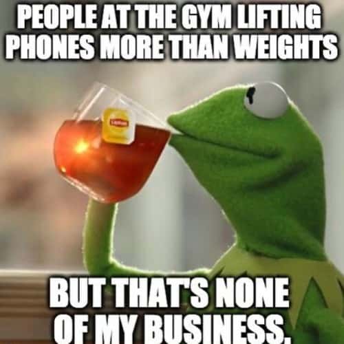 Kermit sipping tea meme ignores gym people lifting phones