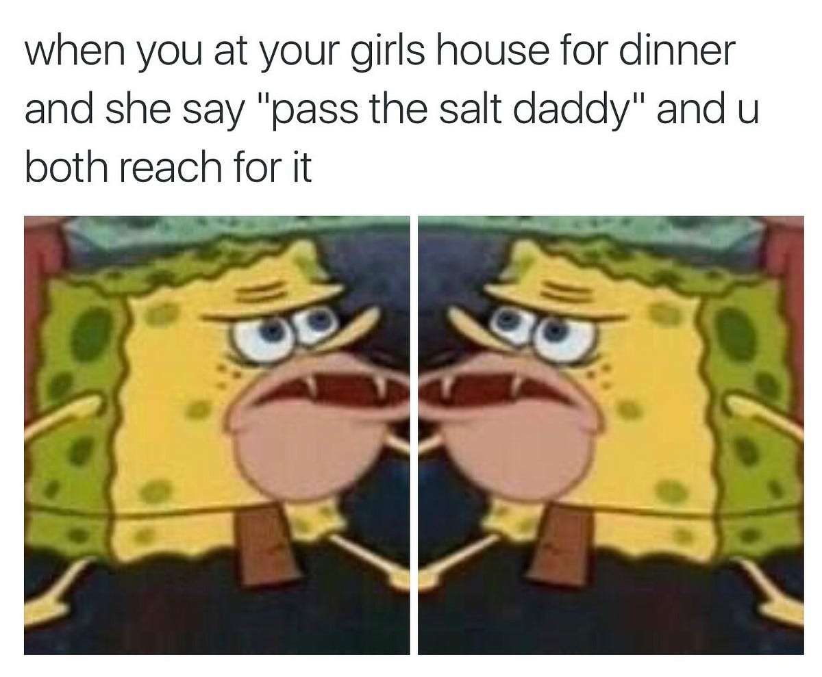 Caveman spongebob meme awkwardly reaching for salt together