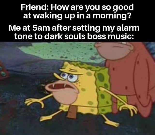 Caveman spongebob meme reacting to dark souls alarm tone